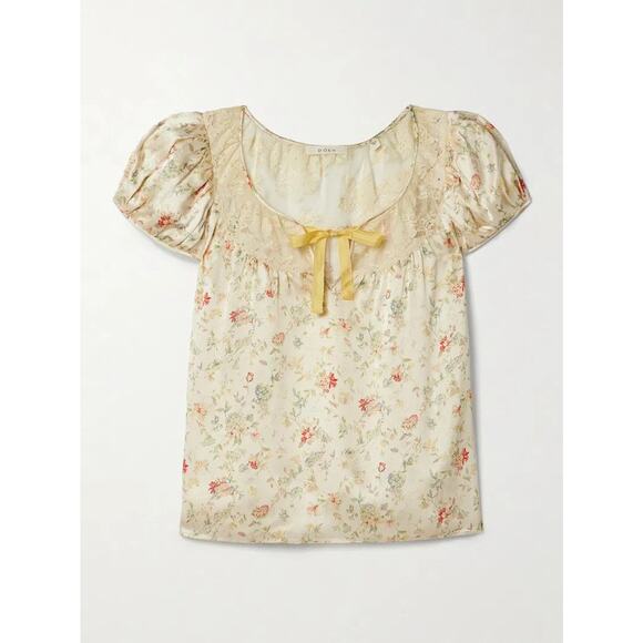 Doen Tops - DÔEN Camri Corded Lace-Trimmed Floral Silk-Satin Top - XS - Flowering Meadow